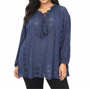 Chicos Womens Eyelet Top 20 22 Blue Office Coastal Boho Tassels Ruffle Cutouts